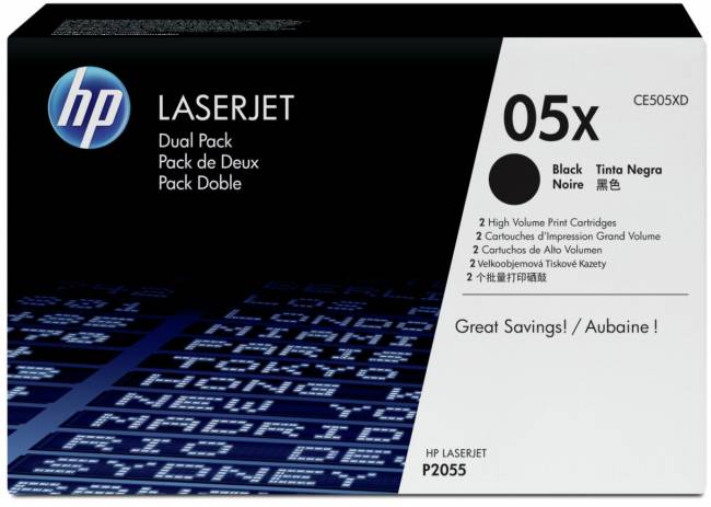 Тонер-картридж набор из 2 шт HP 05X Black Dual Pak LaserJet Toner Cartridge (CE505XD) — для бизнеса и офиса Тонер-картридж набор из 2 шт HP 05X Black Dual Pak LaserJet Toner Cartridge (CE505XD) — для бизнеса и офиса