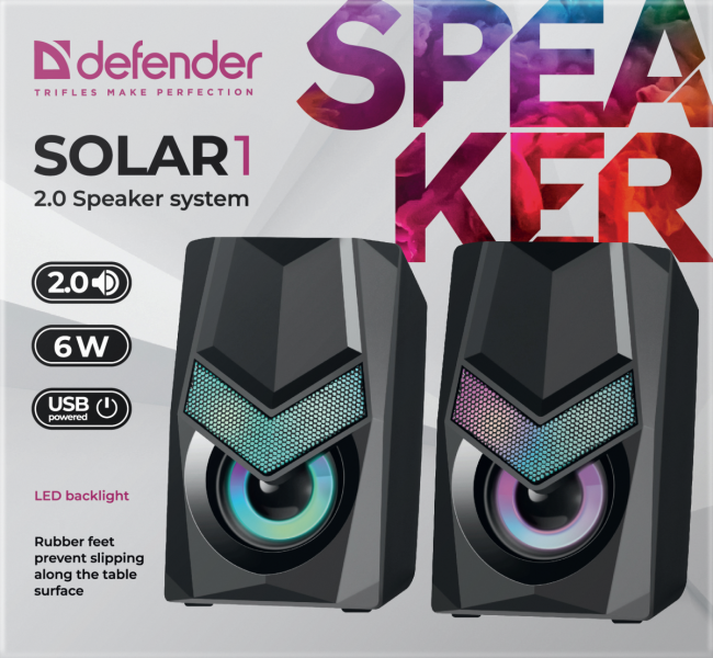 Defender Акустическая 2.0 система Solar 1 6Вт, подсветка, питание от USB Defender Solar — для бизнеса и офиса Defender Акустическая 2.0 система Solar 1 6Вт, подсветка, питание от USB Defender Solar — для бизнеса и офиса