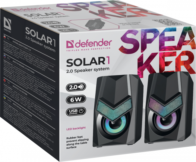 Defender Акустическая 2.0 система Solar 1 6Вт, подсветка, питание от USB Defender Solar — для бизнеса и офиса Defender Акустическая 2.0 система Solar 1 6Вт, подсветка, питание от USB Defender Solar — для бизнеса и офиса