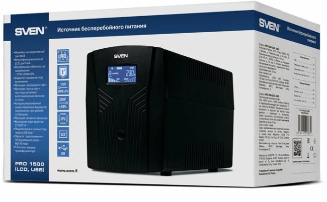 ИБП SVEN Pro 1500 (LCD, USB), линейно-интерактивный, автоматический стабилизатор напряжения, 1500Вт, 900Ва, 3 евророзетки, USB, RJ-45, черный, габариты 140?350?175мм, 10кг. Sven UPS Pro 1500 — для бизнеса и офиса ИБП SVEN Pro 1500 (LCD, USB), линейно-интерактивный, автоматический стабилизатор напряжения, 1500Вт, 900Ва, 3 евророзетки, USB, RJ-45, черный, габариты 140?350?175мм, 10кг. Sven UPS Pro 1500 — для бизнеса и офиса