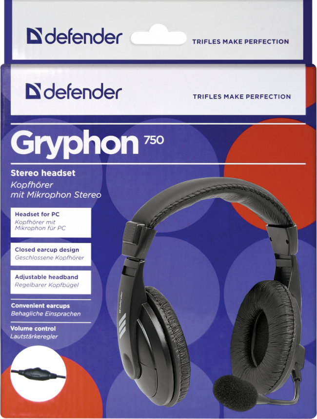 Defender Компьютерная гарнитура Gryphon 750 черный, кабель 2 м Defender Gryphon 750 — для бизнеса и офиса Defender Компьютерная гарнитура Gryphon 750 черный, кабель 2 м Defender Gryphon 750 — для бизнеса и офиса