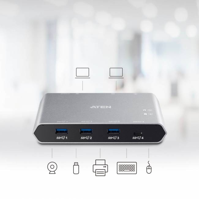 2-портовый коммутатор для совместного использования устройств с портом USB-C Gen 2 и функцией сквозной передачи питания ATEN US3342 — для бизнеса и офиса 2-портовый коммутатор для совместного использования устройств с портом USB-C Gen 2 и функцией сквозной передачи питания ATEN US3342 — для бизнеса и офиса