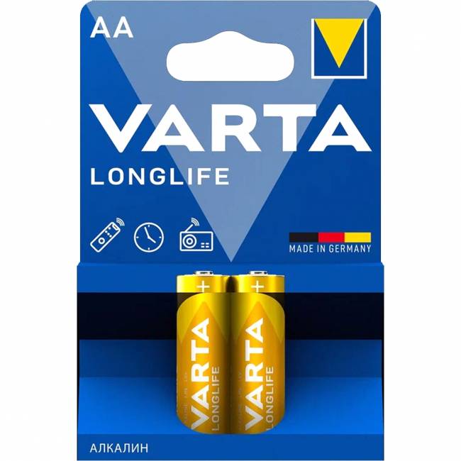 Батарейка Varta LONGLIFE LR6 AA BL2 Alkaline 1.5V (4106) (2/40/200) (2 шт.) Varta LONGLIFE LR6 AA (04106101412) — для бизнеса и офиса Батарейка Varta LONGLIFE LR6 AA BL2 Alkaline 1.5V (4106) (2/40/200) (2 шт.) Varta LONGLIFE LR6 AA (04106101412) — для бизнеса и офиса