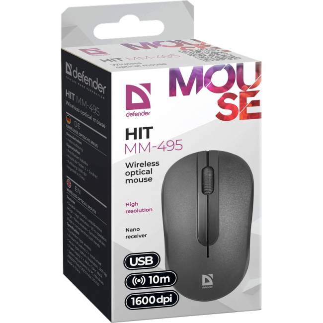 Defender Беспроводная оптическая мышь Hit MM-495 черный,3 кнопки,1600 dpi Defender Hit MM-495 (52495) — для бизнеса и офиса Defender Беспроводная оптическая мышь Hit MM-495 черный,3 кнопки,1600 dpi Defender Hit MM-495 (52495) — для бизнеса и офиса