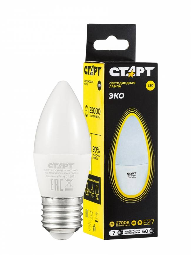 Лампа светодиодная СТАРТ свеча E27 7W 3000К Лампа светодиодная СТАРТ свеча E27 7W 3000К — для бизнеса и офиса