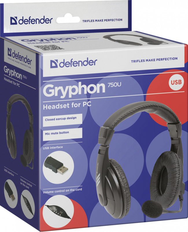 Defender Компьютерная гарнитура Gryphon 750U USB, черный, 1.8м кабель Defender Gryphon 750U USB — для бизнеса и офиса Defender Компьютерная гарнитура Gryphon 750U USB, черный, 1.8м кабель Defender Gryphon 750U USB — для бизнеса и офиса