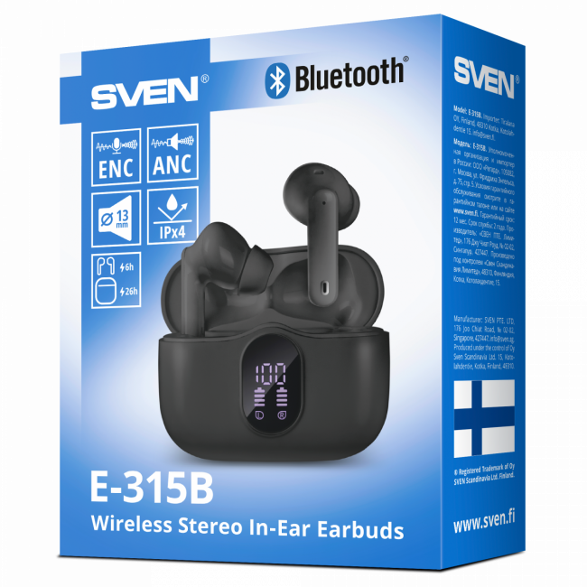 Беспроводные внутриканальные наушники с микрофоном SVEN E-315B, черный (Bluetooth, TWS, ANC, ENC, APP) Sven E-315B — для бизнеса и офиса Беспроводные внутриканальные наушники с микрофоном SVEN E-315B, черный (Bluetooth, TWS, ANC, ENC, APP) Sven E-315B — для бизнеса и офиса