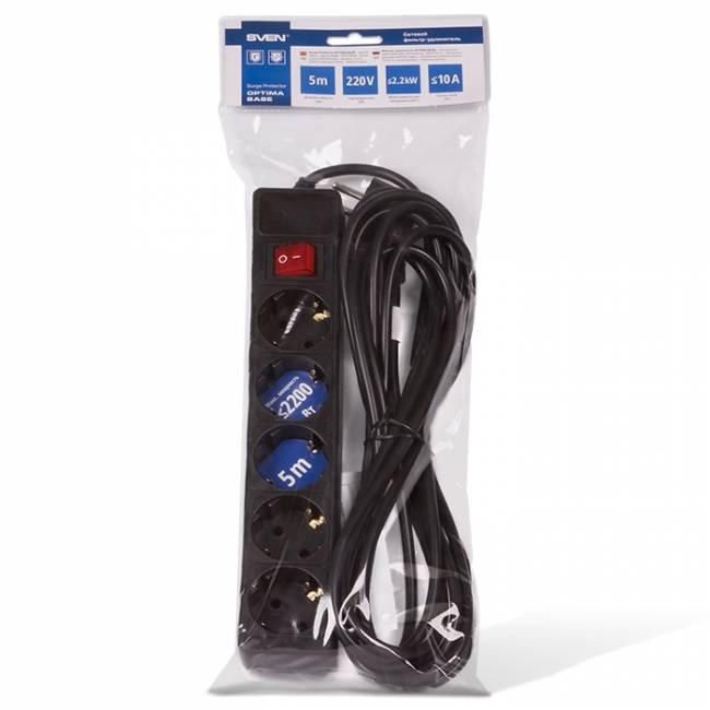 Фильтр SVEN Optima Base 3,0 м (5 розеток) черный SVEN Optima Base (3 м, 5 розеток) — для бизнеса и офиса Фильтр SVEN Optima Base 3,0 м (5 розеток) черный SVEN Optima Base (3 м, 5 розеток) — для бизнеса и офиса