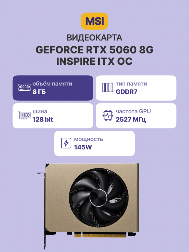 Видеокарта MSI GeForce RTX 5060 8G INSPIRE ITX OC — для бизнеса и офиса Видеокарта MSI GeForce RTX 5060 8G INSPIRE ITX OC — для бизнеса и офиса