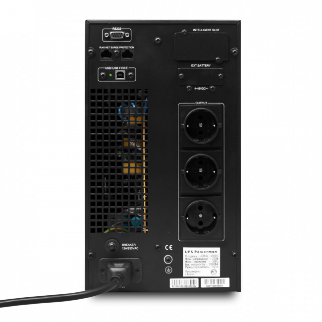 ИБП POWERMAN Online 2000, LCD, двойного преобразования, 2000ВА, 1800Вт, 3 евророзетки с резервным питанием, USB, RS232, слот SNMP, разъем EPO, батарея 12В 9Ач 4 шт., 215 х 315 х 475 мм., 18.5 кг. Powerman Online 2000 — для бизнеса и офиса