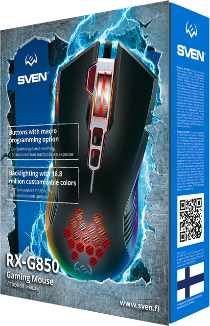 Игровая мышь SVEN RX-G850 (7+1кл. 500-6400 DPI, ПО, RGB подсветка, игров. упак) Sven RX-G850 — для бизнеса и офиса