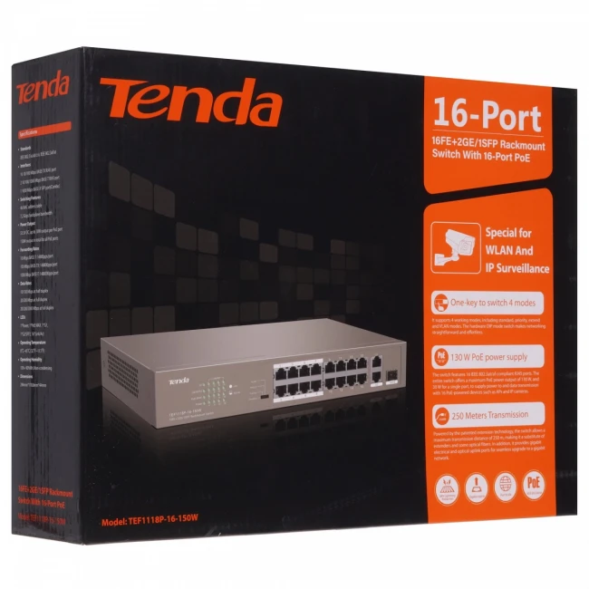 Коммутатор Tenda TEF1118P-16-150W — для бизнеса и офиса Коммутатор Tenda TEF1118P-16-150W — для бизнеса и офиса