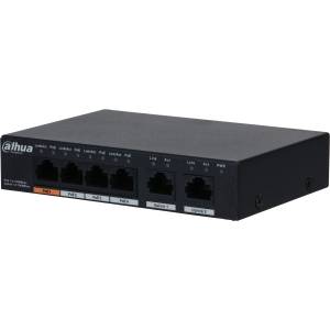 4-портовый неуправляемый коммутатор с РоЕ, Порты: 4 RJ45 10/100/1000Мбит/с PoE/PoE+/Hi-PoE 2 RJ45 10/100/1000Мбит/с uplink; мощность PoE: 1 до 60Вт порты: 24 до 30Вт суммарно до 60Вт; Dahua DH-PFS3006-4GT-60