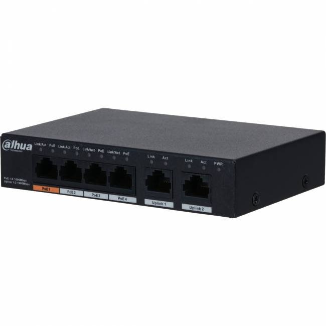 4-портовый неуправляемый коммутатор с РоЕ, Порты: 4 RJ45 10/100/1000Мбит/с PoE/PoE+/Hi-PoE 2 RJ45 10/100/1000Мбит/с uplink; мощность PoE: 1 до 60Вт порты: 24 до 30Вт суммарно до 60Вт; Dahua DH-PFS3006-4GT-60 — для бизнеса и офиса 4-портовый неуправляемый коммутатор с РоЕ, Порты: 4 RJ45 10/100/1000Мбит/с PoE/PoE+/Hi-PoE 2 RJ45 10/100/1000Мбит/с uplink; мощность PoE: 1 до 60Вт порты: 24 до 30Вт суммарно до 60Вт; Dahua DH-PFS3006-4GT-60 — для бизнеса и офиса