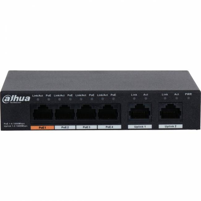 4-портовый неуправляемый коммутатор с РоЕ, Порты: 4 RJ45 10/100/1000Мбит/с PoE/PoE+/Hi-PoE 2 RJ45 10/100/1000Мбит/с uplink; мощность PoE: 1 до 60Вт порты: 24 до 30Вт суммарно до 60Вт; Dahua DH-PFS3006-4GT-60 — для бизнеса и офиса 4-портовый неуправляемый коммутатор с РоЕ, Порты: 4 RJ45 10/100/1000Мбит/с PoE/PoE+/Hi-PoE 2 RJ45 10/100/1000Мбит/с uplink; мощность PoE: 1 до 60Вт порты: 24 до 30Вт суммарно до 60Вт; Dahua DH-PFS3006-4GT-60 — для бизнеса и офиса