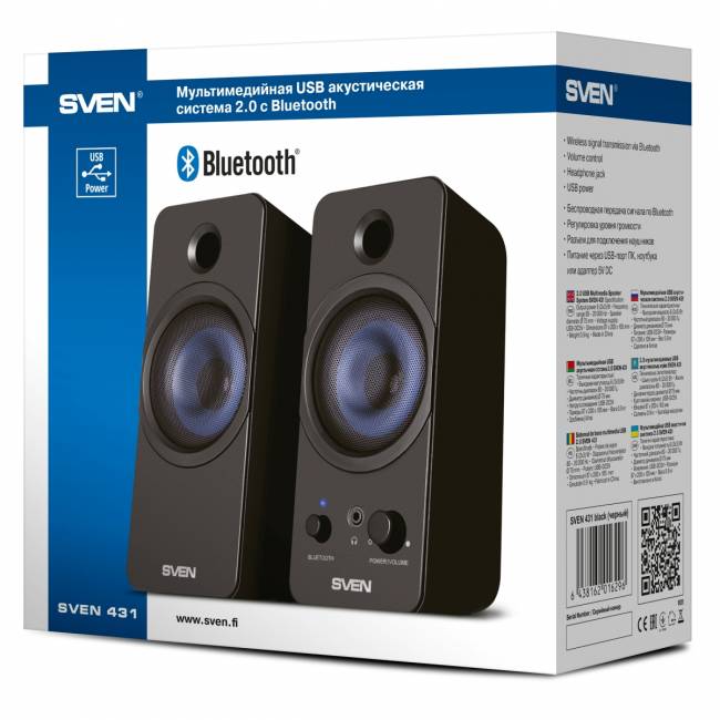 АС SVEN 431, чёрный, USB, акустическая система 2.0, мощность 2x3 Вт(RMS), Bluetooth Sven SV-016296 — для бизнеса и офиса АС SVEN 431, чёрный, USB, акустическая система 2.0, мощность 2x3 Вт(RMS), Bluetooth Sven SV-016296 — для бизнеса и офиса