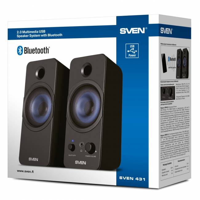 АС SVEN 431, чёрный, USB, акустическая система 2.0, мощность 2x3 Вт(RMS), Bluetooth Sven SV-016296 — для бизнеса и офиса АС SVEN 431, чёрный, USB, акустическая система 2.0, мощность 2x3 Вт(RMS), Bluetooth Sven SV-016296 — для бизнеса и офиса