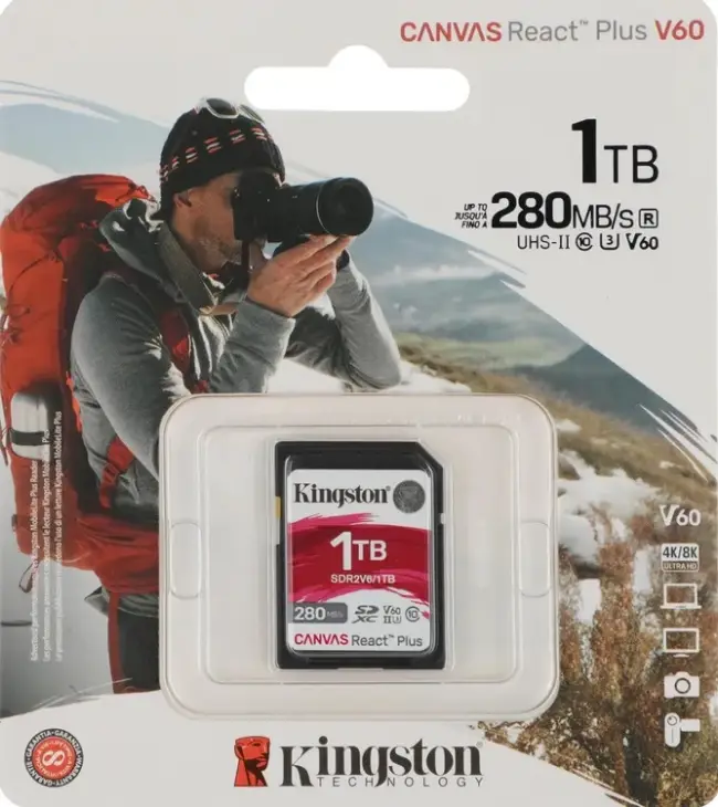 Карта памяти Kingston 1TB SDXC Canvas React Plus UHS-II 280R/100W U3 V60 Kingston SDR2V6/1TB — для бизнеса и офиса Карта памяти Kingston 1TB SDXC Canvas React Plus UHS-II 280R/100W U3 V60 Kingston SDR2V6/1TB — для бизнеса и офиса