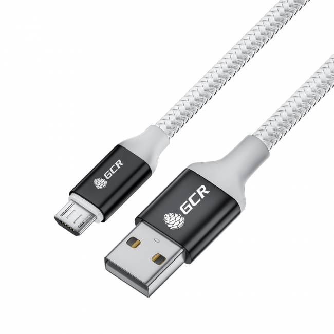 GCR QC Кабель 1.0m MicroUSB, быстрая зарядка, белый нейлон, AL корпус черный, белый ПВХ, 28/24 AWG, GCR-53270 Кабель Greenconnect 1 м (GCR-53270) — для бизнеса и офиса
