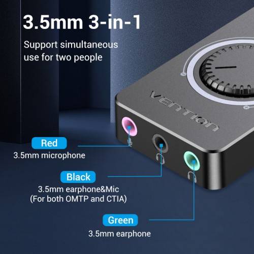 Внешняя звуковая карта Vention USB c регулятором громкости Черная Vention CDRBB — для бизнеса и офиса Внешняя звуковая карта Vention USB c регулятором громкости Черная Vention CDRBB — для бизнеса и офиса