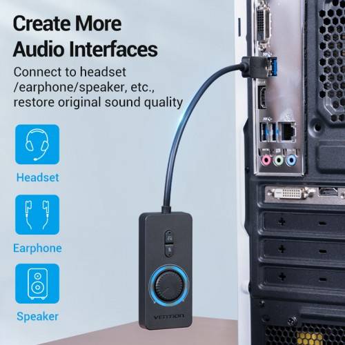 Внешняя звуковая карта Vention USB c регулятором громкости Черная Vention CDRBB — для бизнеса и офиса Внешняя звуковая карта Vention USB c регулятором громкости Черная Vention CDRBB — для бизнеса и офиса