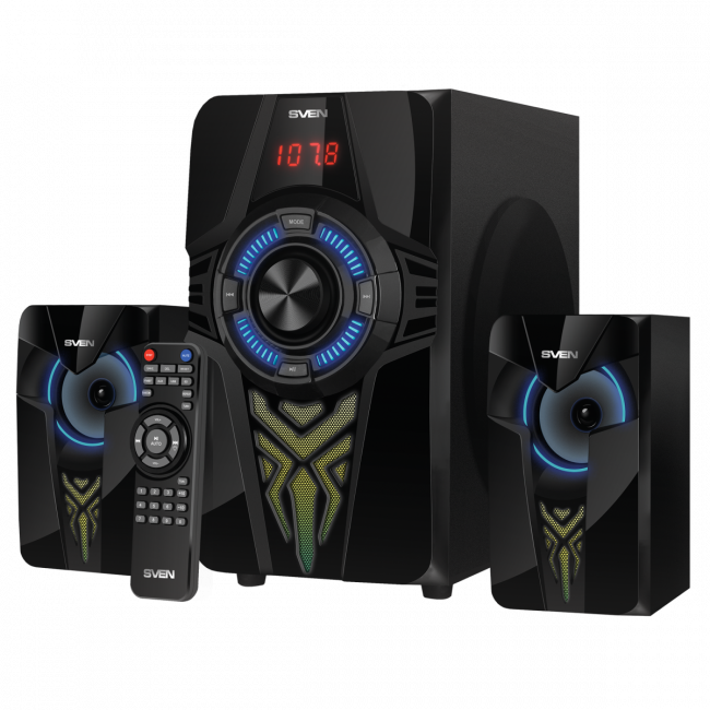 SVEN MS-2070, чёрный, акустическая система 2.1, мощность (RMS):30Вт + 2x15 Вт, FM-тюнер, USB/SD, дисплей, пульт ДУ, Bluetooth Sven SV-018030 — для бизнеса и офиса