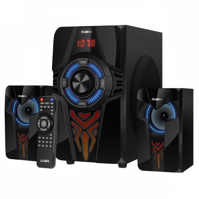 SVEN MS-2070, чёрный, акустическая система 2.1, мощность (RMS):30Вт + 2x15 Вт, FM-тюнер, USB/SD, дисплей, пульт ДУ, Bluetooth Sven SV-018030 — для бизнеса и офиса