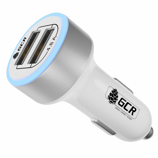GCR Автомобильное зарядное устройство на 2 USB порта 4.8A, белое, LED индикация, GCR-51984 Greenconnect 2 USB 4.8A GCR-51984 — для бизнеса и офиса