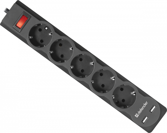 Сетевой фильтр Defender DFS 753 3,0 м, 5 розеток, 2xUSB, 2.1A Defender DFS 753 (3 м, 5 розеток) — для бизнеса и офиса