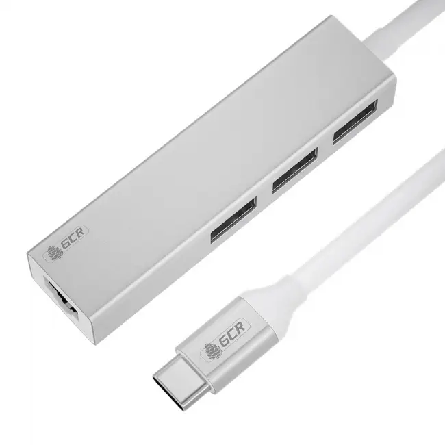 USB HUB TypeC 4в1 разветвитель на 3 порта USB 3.0 + сетевой адаптер Gigabit Ethernet RJ-45, серебристый, алюминиевый корпус, GCR-54603 Greenconnect GCR-54603 — для бизнеса и офиса