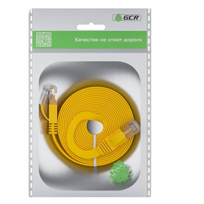 GCR Патч-корд PROF плоский прямой 2.0m, UTP медь кат.6, желтый, 30 AWG, ethernet high speed 10 Гбит/с, RJ45, T568B, GCR-52827 Greenconnect RJ45(m) - RJ45(m) Cat. 7 F/FTP LSZH 2м — для бизнеса и офиса