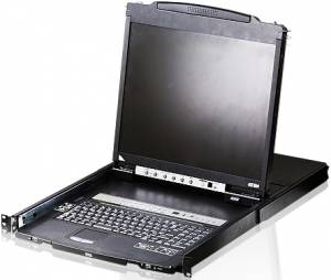 16-портовый KVM-пеКонсоль управления, LCD 19"(1280x1024), лат./рус. клав., 16-портовый KVM-переключатель,  +1 remote user(SPHD18(Male)),2хUSB(Тип а Female),  KVM-порты: SPHD15(Female), каскадирование. ATEN CL5816NR