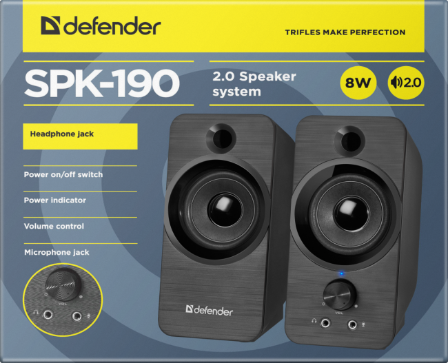 Defender Акустическая 2.0 система SPK-190 черный, 8 Вт, питание от USB Defender SPK-190 — для бизнеса и офиса Defender Акустическая 2.0 система SPK-190 черный, 8 Вт, питание от USB Defender SPK-190 — для бизнеса и офиса