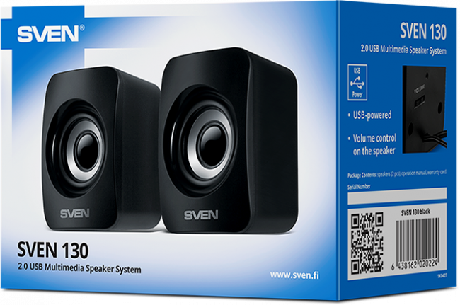 SVEN 130, чёрный, USB, акустическая система 2.0, мощность 2x3 Вт(RMS) Sven 130 — для бизнеса и офиса SVEN 130, чёрный, USB, акустическая система 2.0, мощность 2x3 Вт(RMS) Sven 130 — для бизнеса и офиса