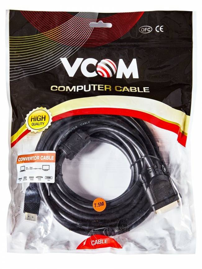 Кабель HDMI AM/DVI(24+1)M, 7.5м, CU, 1080P@60Hz, 2F, VCOM <CG484G-7.5M> VCOM HDMI (m) - DVI-D (m) — для бизнеса и офиса Кабель HDMI AM/DVI(24+1)M, 7.5м, CU, 1080P@60Hz, 2F, VCOM <CG484G-7.5M> VCOM HDMI (m) - DVI-D (m) — для бизнеса и офиса
