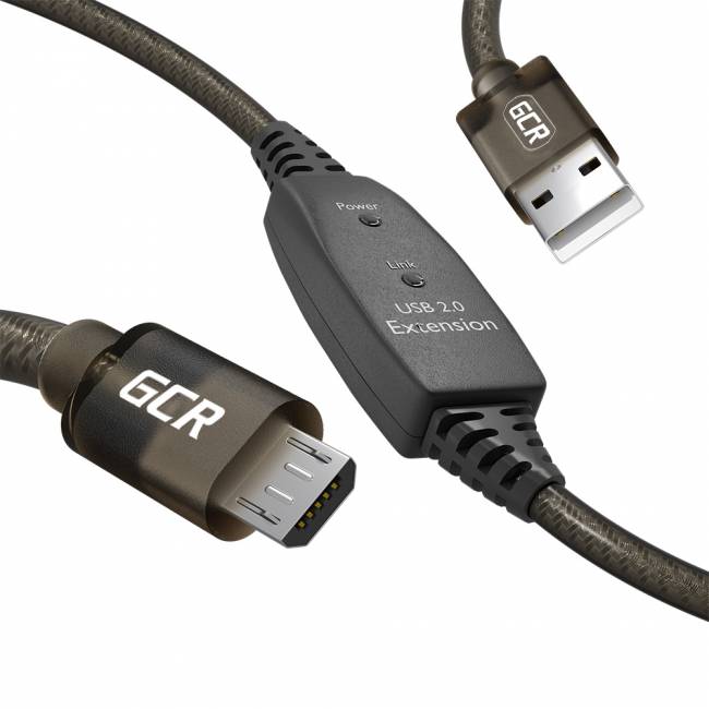 GCR Кабель активный 10.0m USB 2.0, AM/microB, черно-прозрачный, с усилителем сигнала, разъём для доп.питания, 28/24 AWG, GCR-53813 Кабель Greenconnect 10 м (GCR-53813) — для бизнеса и офиса