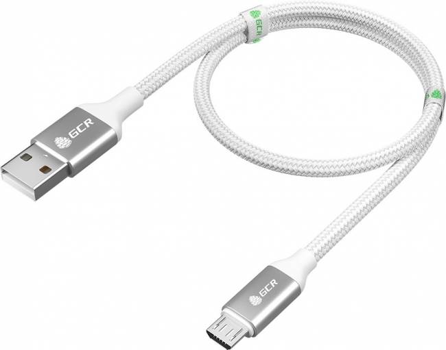 GCR QC Кабель 1.0m MicroUSB, быстрая зарядка, белый нейлон, AL корпус серебро, белый ПВХ, 28/24 AWG, GCR-52468 Кабель Greenconnect 1 м (GCR-52468) — для бизнеса и офиса