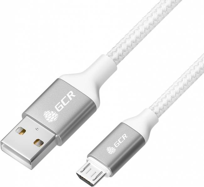 GCR QC Кабель 1.0m MicroUSB, быстрая зарядка, белый нейлон, AL корпус серебро, белый ПВХ, 28/24 AWG, GCR-52468 Кабель Greenconnect 1 м (GCR-52468) — для бизнеса и офиса