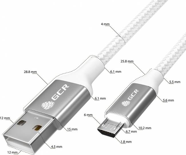 GCR QC Кабель 1.0m MicroUSB, быстрая зарядка, белый нейлон, AL корпус серебро, белый ПВХ, 28/24 AWG, GCR-52468 Кабель Greenconnect 1 м (GCR-52468) — для бизнеса и офиса