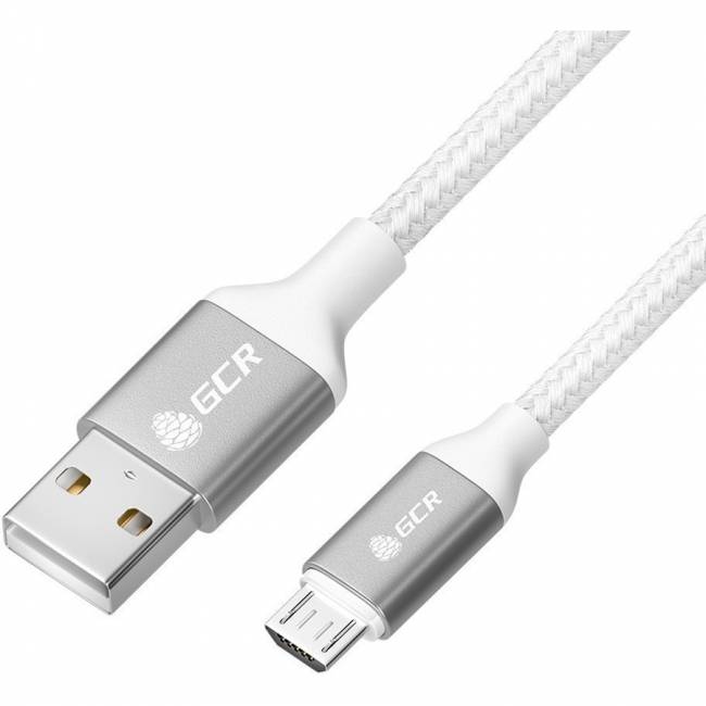 GCR QC Кабель 1.5m MicroUSB, быстрая зарядка, белый нейлон, AL корпус серебро, белый ПВХ, 28/24 AWG, GCR-52469 Кабель Greenconnect 1.5 м (GCR-52469) — для бизнеса и офиса