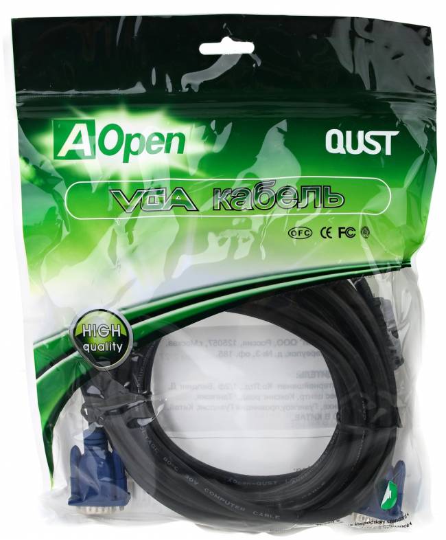 Кабель монитор-SVGA card (15M-15M) 5м 2 фильтра Aopen/Qust <ACG341AD-5M> AOpen VGA (m) - VGA (m) 5м — для бизнеса и офиса