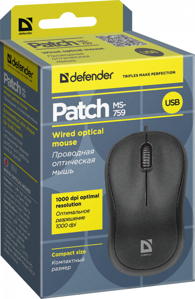 Defender Проводная оптическая мышь Patch MS-759 черный,3 кнопки,1000 dpi Defender Patch MS-759 черный — для бизнеса и офиса Defender Проводная оптическая мышь Patch MS-759 черный,3 кнопки,1000 dpi Defender Patch MS-759 черный — для бизнеса и офиса