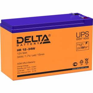 Батарея DELTA серия HR-W, HR 12-34 W, напряжение 12В, емкость 9Ач (разряд 20 часов),  макс. ток разряда (5 сек.) 160А, макс. ток заряда 2.7А, свинцово-кислотная типа AGM, клеммы F2, ДxШxВ 151х65х94мм., вес 2.62кг., срок службы 8 лет. Delta HR 12-34 W (12V