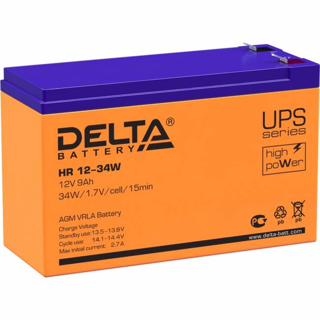 Батарея DELTA серия HR-W, HR 12-34 W, напряжение 12В, емкость 9Ач (разряд 20 часов), макс. ток разряда (5 сек.) 160А, макс. ток заряда 2.7А, свинцово-кислотная типа AGM, клеммы F2, ДxШxВ 151х65х94мм., вес 2.62кг., срок службы 8 лет. Delta HR 12-34 W (12V — для бизнеса и офиса Батарея DELTA серия HR-W, HR 12-34 W, напряжение 12В, емкость 9Ач (разряд 20 часов), макс. ток разряда (5 сек.) 160А, макс. ток заряда 2.7А, свинцово-кислотная типа AGM, клеммы F2, ДxШxВ 151х65х94мм., вес 2.62кг., срок службы 8 лет. Delta HR 12-34 W (12V — для бизнеса и офиса